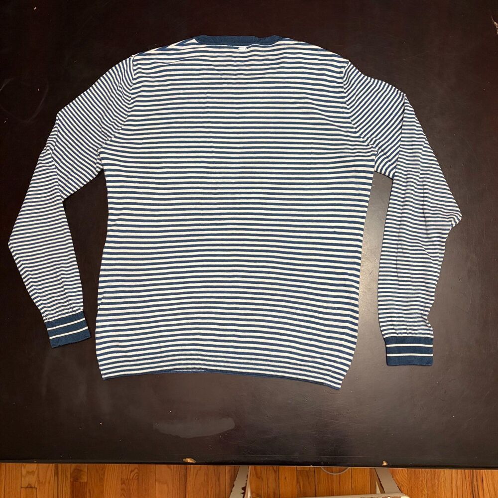 IKKS Linen Cotton Striped Sweater Mens M Lightweight Blue White Pocket - Picture 4 of 12